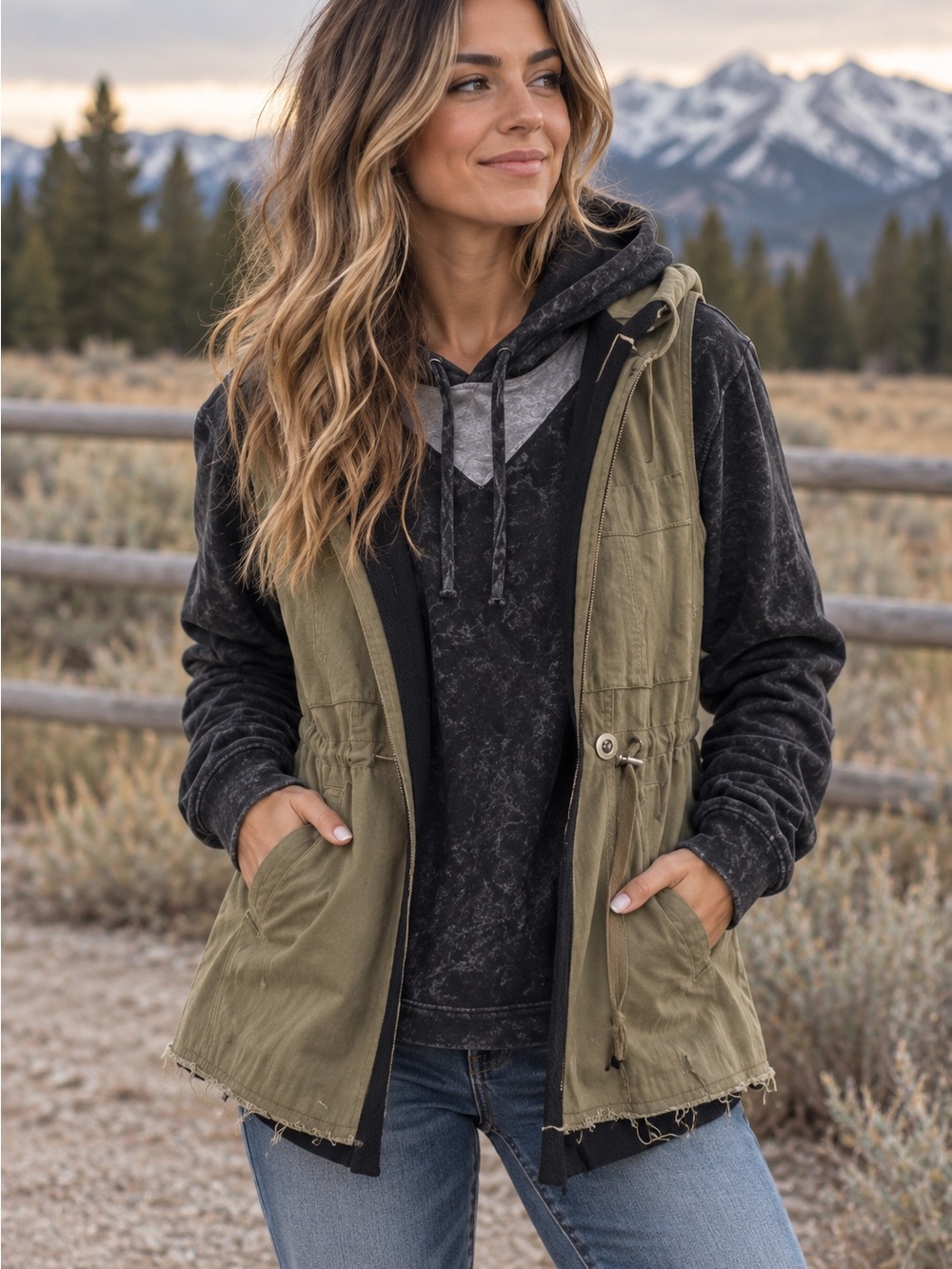 Gilded Intent Olive Utility Jacket Vest with Black Hoodie Layer